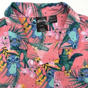 Disney Stitch Button Down Shirt Mens Medium Pink Lilo & Stitch Tropical Rayon